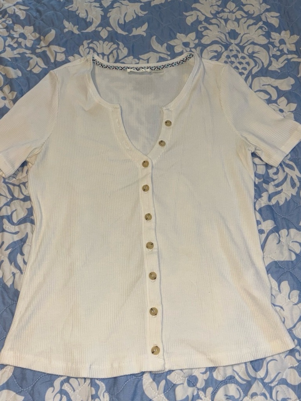 Anthropologie Cream Ribbed Button-Front Short Sleeve Top
